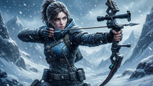 女弓箭手在雪山地形中瞄準弓箭。