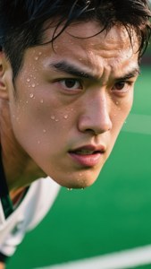 年輕運動員在戶外運動時滿臉汗水，眼神專注