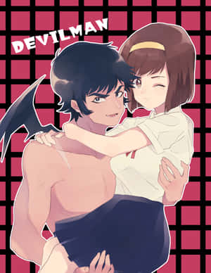 動畫角色惡魔人擁有蝙蝠翅膀，擁抱一個微笑的校服女孩。 — Galaxy Z Fold 8 壁紙