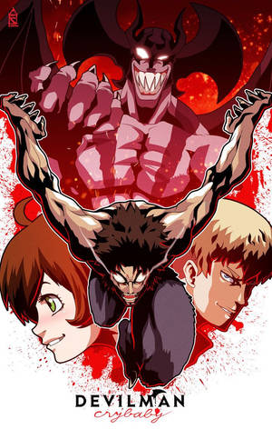 Devilman Crybaby 動漫海報，帶有惡魔身影和角色，背景為紅色。