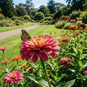 陽光花園中，粉紅色百日菊上的帝王斑蝶，伴隨著色彩繽紛的花朵和綠草。