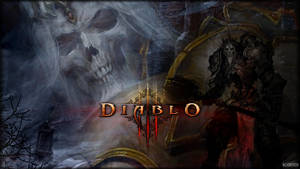Diablo III 標誌與惡魔頭骨和裝甲戰士在黑暗奇幻場景中。