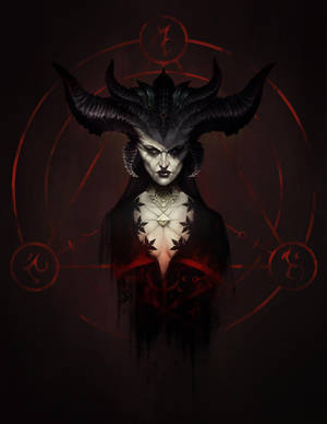 一個有角和發光眼睛的惡魔女性在紅色魔法圓圈內。