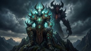 一個身穿發光盔甲的惡魔王坐在山頂上，身後有一隻陰影野獸，背景是暴風雲。