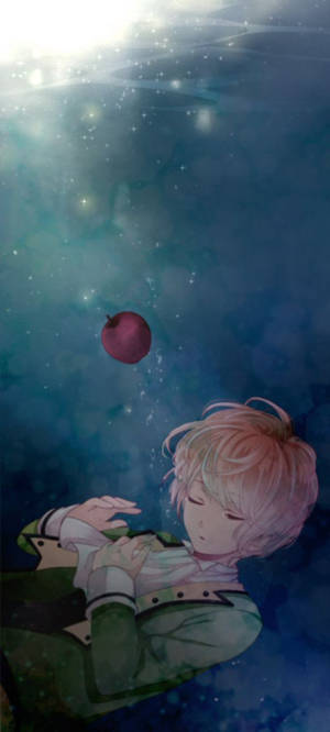 動畫男孩在水下藍光中伸手去拿紅蘋果。 — 1080x2400 壁紙