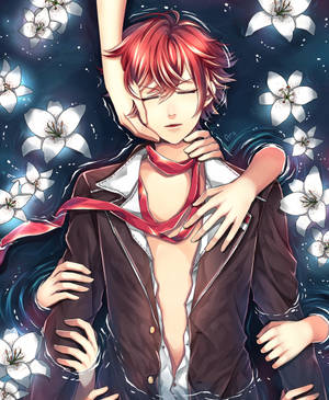 紅髮動漫男孩在星光燦爛的夜晚被白色百合花包圍。 — Galaxy Z Fold 5 壁紙