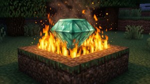 一顆發光的綠色鑽石在Minecraft的像素化火坑中燃燒。
