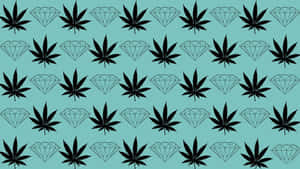 黑色大麻葉和鑽石在青綠色圖案中重複。