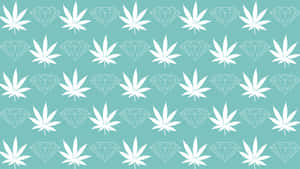 青綠色背景上重複出現的白色大麻葉和鑽石輪廓。