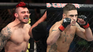 八角籠中兩名男性MMA拳手，一人紅髮尖叫，另一人戴手套專注。