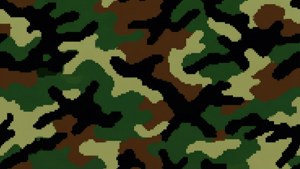 綠色、棕色和黑色的像素化軍事迷彩圖案