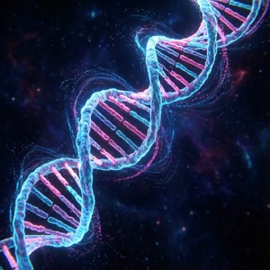 在宇宙空間中發光的DNA雙螺旋，帶有藍色和粉紅色光效