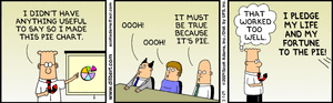 Dilbert 向同事展示一個圓形圖表，他們的反應是驚訝和敬畏。