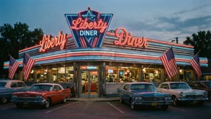 Liberty Diner 在黃昏時閃爍著霓虹燈光，復古汽車停在外面，上方飄揚著美國國旗。