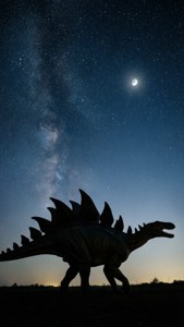 在月亮和銀河的繁星夜空下，恐龍雕像的剪影。