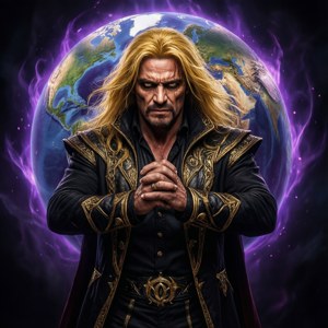 一個穿著黑金盔甲的男人站在一個發光的紫色能量球前，地球在他身後。