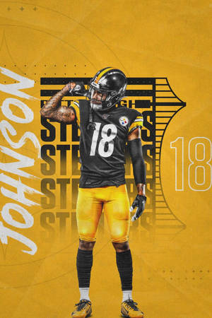 穿著鋼人隊球衣的足球運動員 Josh Johnson 與球隊圖案擺姿勢。