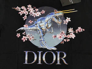 黑色DIOR T恤上，機械恐龍叼著筷子置身櫻花中。