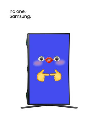 Samsung 電視顯示一個帶有眼睛、嘴唇和指著的手的卡通臉孔。