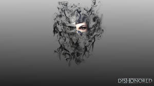 一隻眼睛從黑煙中浮現，帶有「DISHONORED」文字。