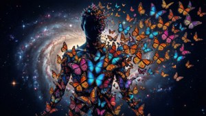 人形在宇宙星系中轉化為蝴蝶。