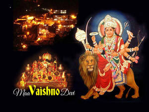 Maa Vaishno Devi 神祇騎獅帶武器，旁邊是夜晚燈火通明的神殿和山丘小鎮。 — 獅子王 GIF 壁紙