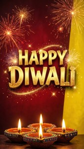 五盞燃點嘅油燈，金色文字寫住Happy Diwali，背景有煙花。
