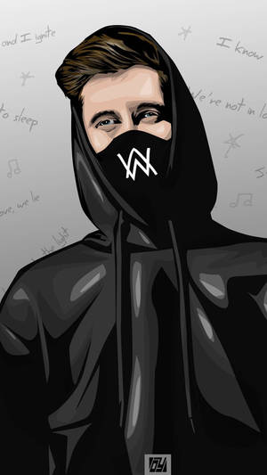 Alan Walker 身穿黑色連帽衫，臉部部分被帶有其標誌的面具遮蓋。 — 插畫 壁紙