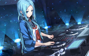 藍髮動漫DJ女孩在星光下混音。