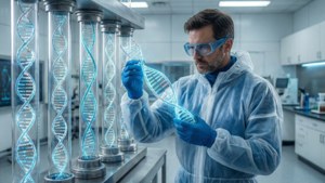 穿著防護裝備的科學家在高端實驗室中手持發光的DNA鏈。 — 未來風格動態圖 壁紙