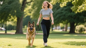 一位女性在陽光明媚的公園裡牽著她的德國牧羊犬跑步。