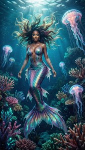 Doja Cat 化身為超現實的美人魚，置身於發光的海洋中。