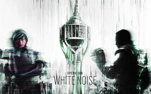 數字雨城市中的兩個人物，有一座高聳的尖塔和「Operation White Noise」文字。 — 惡魔彩虹六號圍攻 壁紙