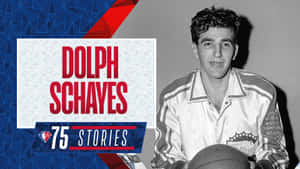 Dolph Schayes身穿復古NBA冠軍球衣手持籃球，帶有粗體文字覆蓋。
