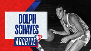 Dolph Schayes在復古NBA檔案照片中持籃球，背景為幾何圖案。