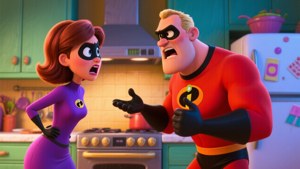 Mr. Incredible 和 Elastigirl 在一個充滿活力的動畫廚房裡爭論，廚房有綠色櫥櫃和不鏽鋼電器。