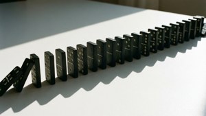 黑色骨牌在白色表面上以對角線倒下，帶有強烈的陰影。