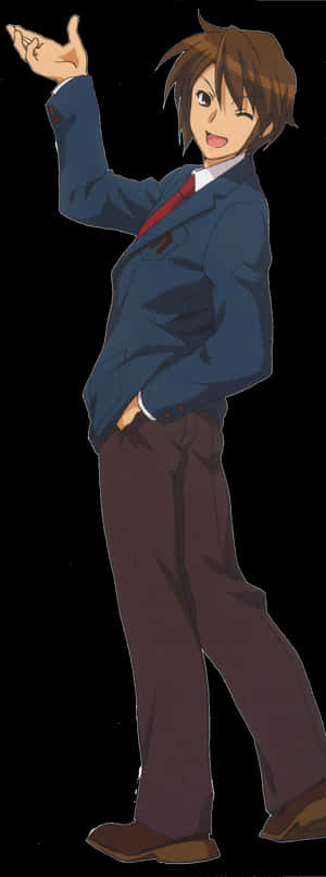 動畫男學生穿著藍色制服，眨眼並單手揮手。
