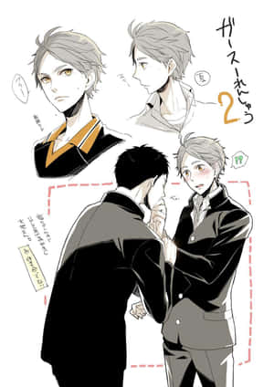 兩名身穿校服的動漫男孩表情豐富地互動，並帶有日文文字。 — 古勒比加 壁紙