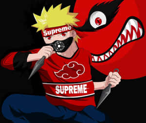動漫忍者穿著紅色Supreme襯衫，手持苦無刀，旁邊有一個單眼紅色惡魔。 — 忍者 壁紙