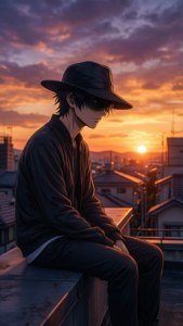戴黑帽的動漫男孩坐在屋頂上看城市日落
