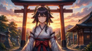 動漫女孩穿著和服在金色夕陽下的日本神社