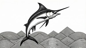 馬林魚從風格化的海浪中跳出，以黑白線條藝術呈現。