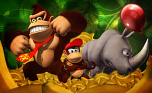 Donkey Kong 和 Diddy Kong 與犀牛和紅色氣球在一個充滿金幣的叢林中。 — MacBook Air M1 壁紙