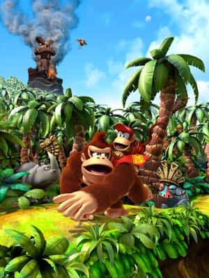 Donkey Kong 和 Diddy Kong 在茂密的叢林中，背景有一座冒煙的寺廟。 — Galaxy Z Fold 8 壁紙