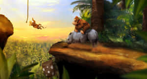Donkey Kong 騎著犀牛，而 Diddy Kong 在日落時的叢林中盪著藤蔓。 — 可愛猴子gif 壁紙