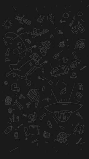 一個卡通太空人和UFO在太空中漂浮在塗鴉物體之間。
