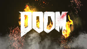 「DOOM」一詞在黑暗背景中被火焰和火花吞噬。