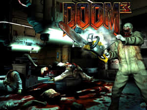 來自DOOM 3遊戲的喪屍在血跡斑斑的實驗室中手持電鋸。
