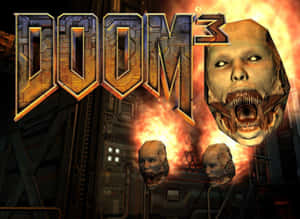 Doom 3 遊戲標題，在黑暗工業場景中帶有惡魔頭顱和火焰爆炸。